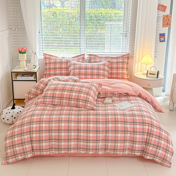 91家纺网 家纺一手货源 找家纺 侯先生家纺 2025新款全棉色织四件套纯棉被套床单四季款格子三件套 简兮-粉