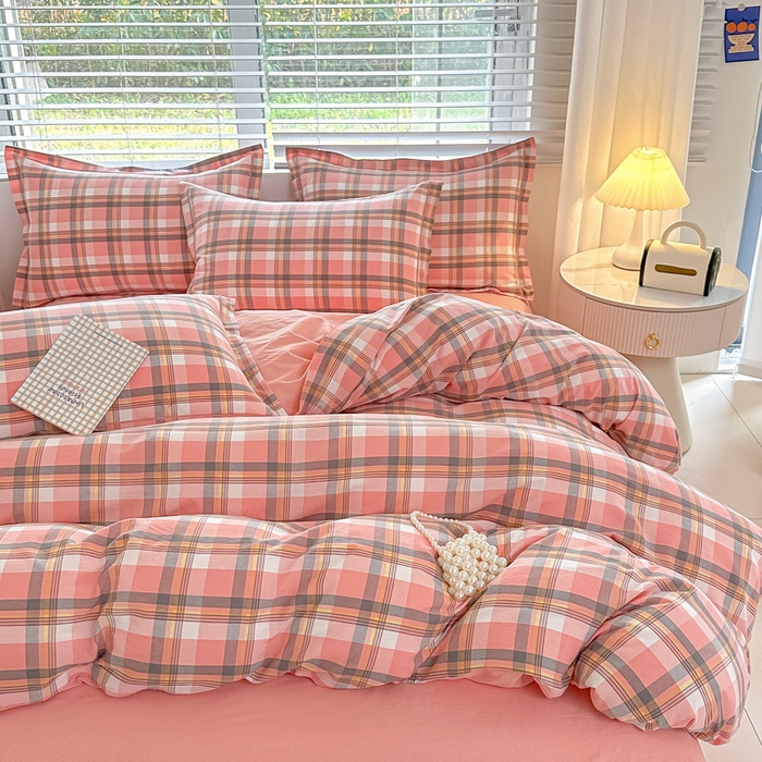 91家纺网 家纺一手货源 找家纺 侯先生家纺 2025新款全棉色织四件套纯棉被套床单四季款格子三件套 简兮-粉