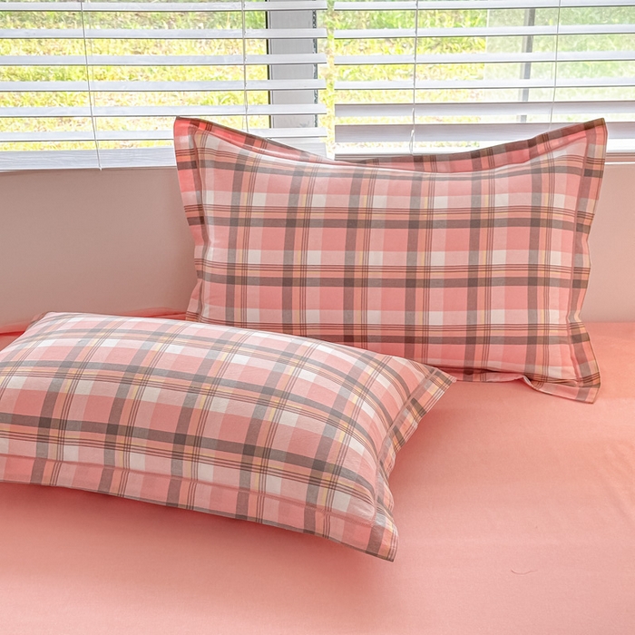 91家纺网 家纺一手货源 找家纺 侯先生家纺 2025新款全棉色织四件套纯棉被套床单四季款格子三件套 简兮-粉