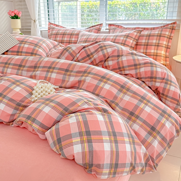 91家纺网 家纺一手货源 找家纺 侯先生家纺 2025新款全棉色织四件套纯棉被套床单四季款格子三件套 简兮-粉