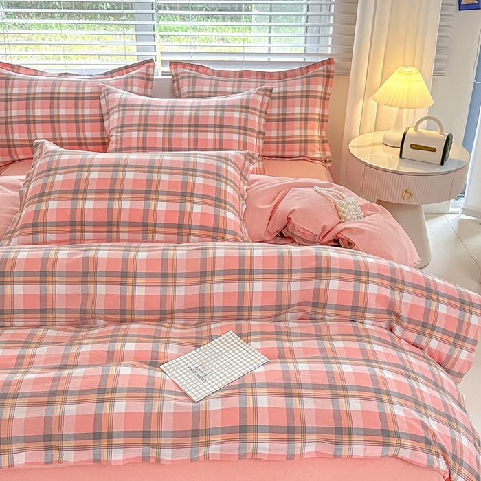 91家纺网 家纺一手货源 找家纺 侯先生家纺 2025新款全棉色织四件套纯棉被套床单四季款格子三件套 简兮-粉