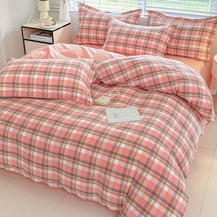 91家纺网 家纺一手货源 找家纺 侯先生家纺 2025新款全棉色织四件套纯棉被套床单四季款格子三件套 简兮-粉