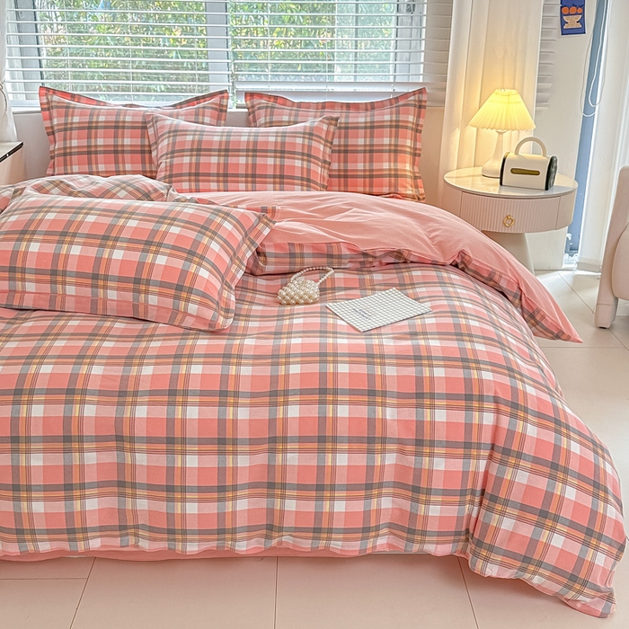 91家纺网 家纺一手货源 找家纺 侯先生家纺 2025新款全棉色织四件套纯棉被套床单四季款格子三件套 简兮-粉