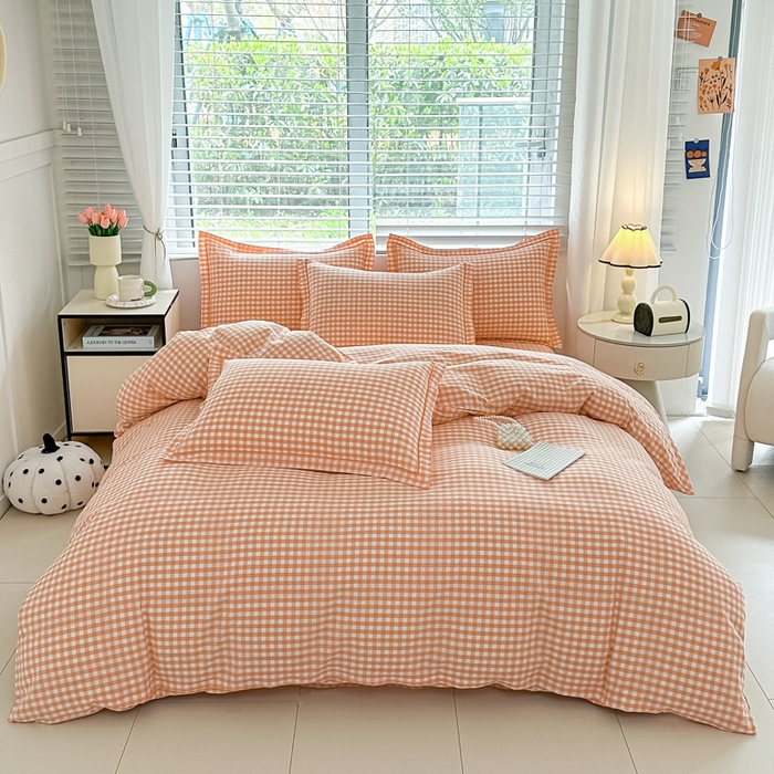 91家纺网 家纺一手货源 找家纺 侯先生家纺 2025新款全棉色织四件套纯棉被套床单四季款格子三件套 桔粉小格