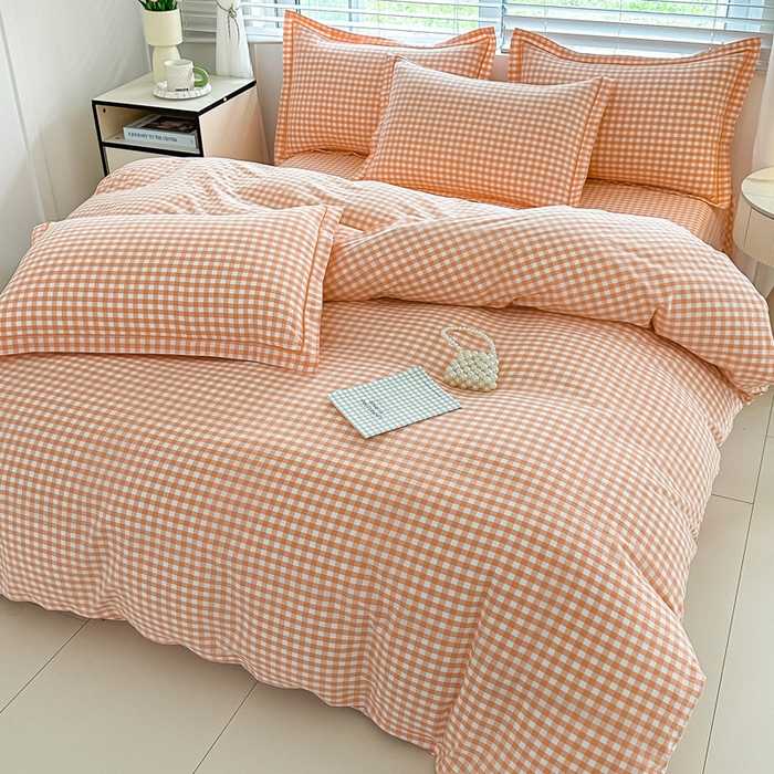 91家纺网 家纺一手货源 找家纺 侯先生家纺 2025新款全棉色织四件套纯棉被套床单四季款格子三件套 桔粉小格