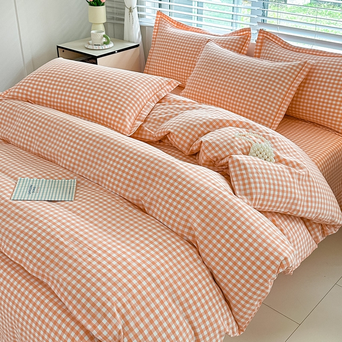 91家纺网 家纺一手货源 找家纺 侯先生家纺 2025新款全棉色织四件套纯棉被套床单四季款格子三件套 桔粉小格