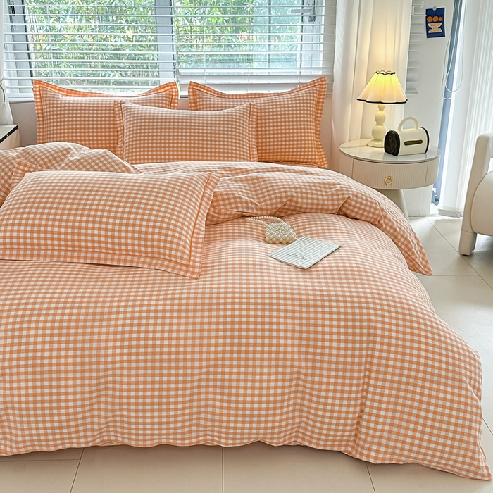 91家纺网 家纺一手货源 找家纺 侯先生家纺 2025新款全棉色织四件套纯棉被套床单四季款格子三件套 桔粉小格
