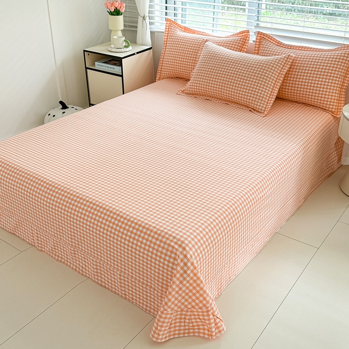 91家纺网 家纺一手货源 找家纺 侯先生家纺 2025新款全棉色织四件套纯棉被套床单四季款格子三件套 桔粉小格