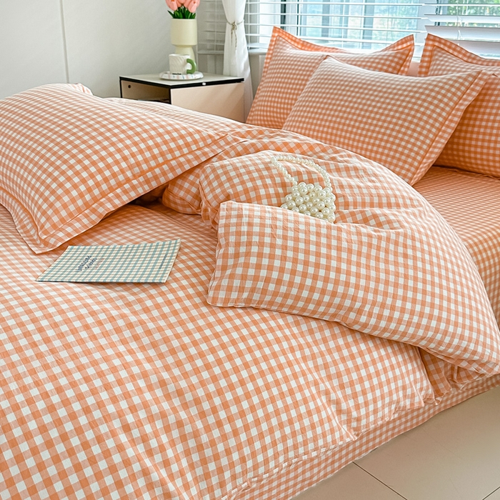 91家纺网 家纺一手货源 找家纺 侯先生家纺 2025新款全棉色织四件套纯棉被套床单四季款格子三件套 桔粉小格