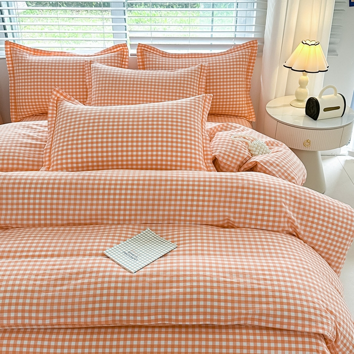 91家纺网 家纺一手货源 找家纺 侯先生家纺 2025新款全棉色织四件套纯棉被套床单四季款格子三件套 桔粉小格