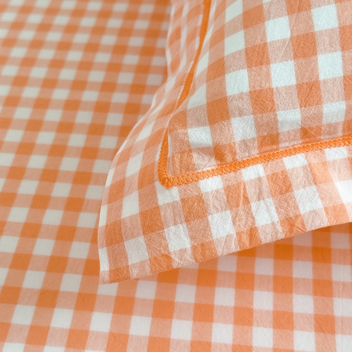 91家纺网 家纺一手货源 找家纺 侯先生家纺 2025新款全棉色织四件套纯棉被套床单四季款格子三件套 桔粉小格