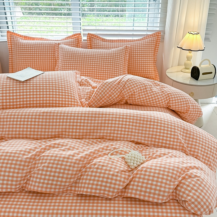 91家纺网 家纺一手货源 找家纺 侯先生家纺 2025新款全棉色织四件套纯棉被套床单四季款格子三件套 桔粉小格