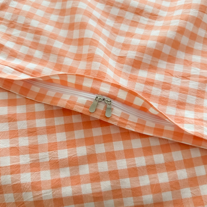 91家纺网 家纺一手货源 找家纺 侯先生家纺 2025新款全棉色织四件套纯棉被套床单四季款格子三件套 桔粉小格