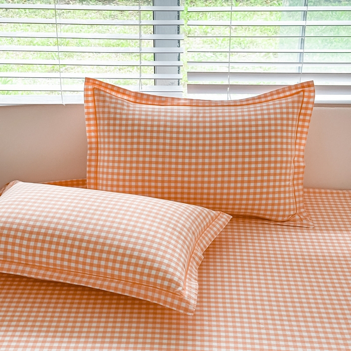 91家纺网 家纺一手货源 找家纺 侯先生家纺 2025新款全棉色织四件套纯棉被套床单四季款格子三件套 桔粉小格