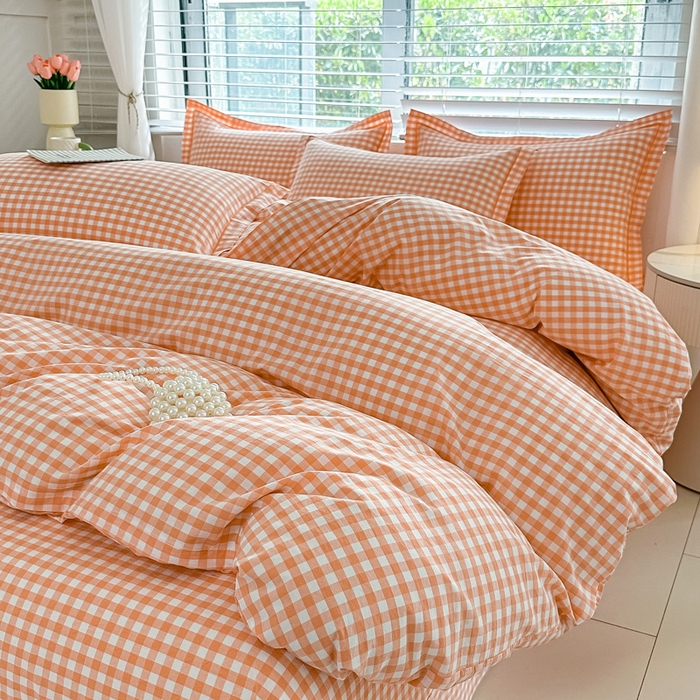 91家纺网 家纺一手货源 找家纺 侯先生家纺 2025新款全棉色织四件套纯棉被套床单四季款格子三件套 桔粉小格