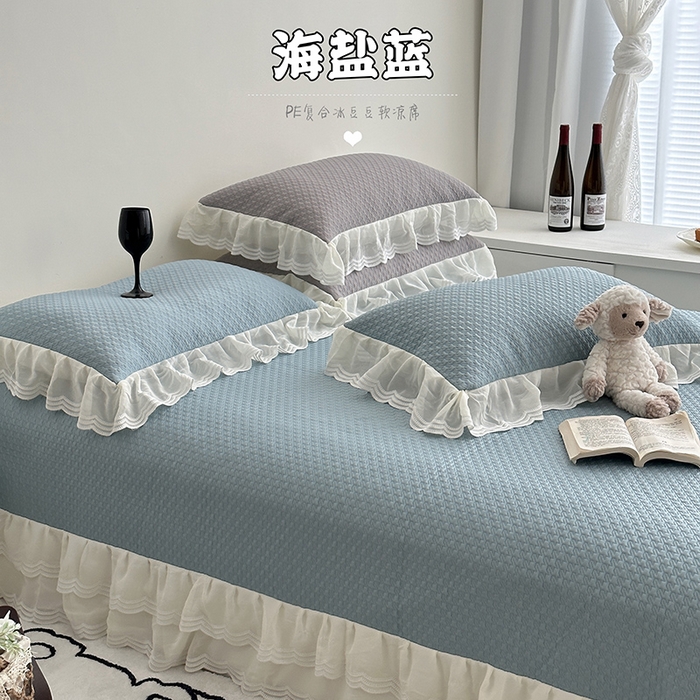 91家纺网 家纺一手货源 找家纺 佰织鑫家居 2025新款A类PE凉感豆复合凉豆豆软凉席三件套 海盐蓝