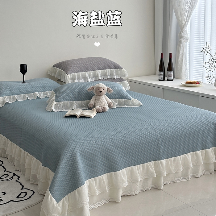 91家纺网 家纺一手货源 找家纺 佰织鑫家居 2025新款A类PE凉感豆复合凉豆豆软凉席三件套 海盐蓝