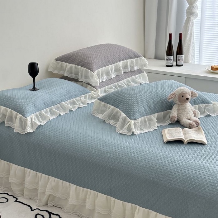 91家纺网 家纺一手货源 找家纺 佰织鑫家居 2025新款A类PE凉感豆复合凉豆豆软凉席三件套 海盐蓝