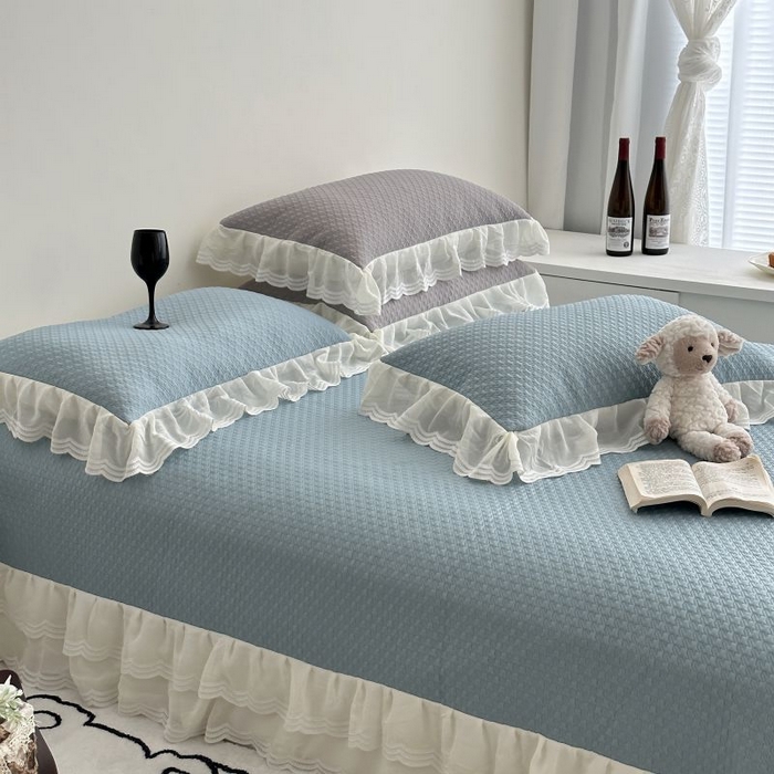 91家纺网 家纺一手货源 找家纺 佰织鑫家居 2025新款A类PE凉感豆复合凉豆豆软凉席三件套 海盐蓝