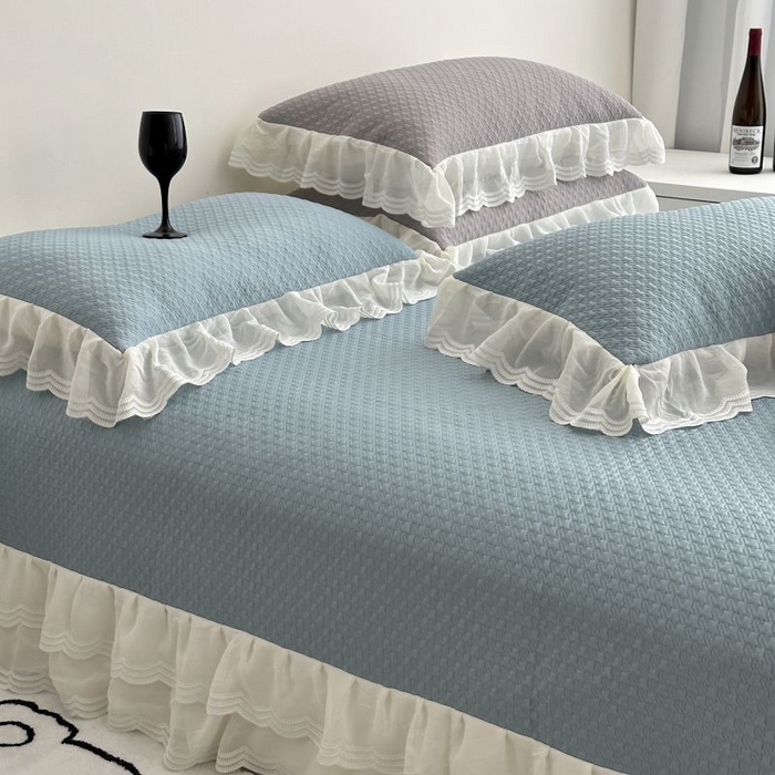 91家纺网 家纺一手货源 找家纺 佰织鑫家居 2025新款A类PE凉感豆复合凉豆豆软凉席三件套 海盐蓝