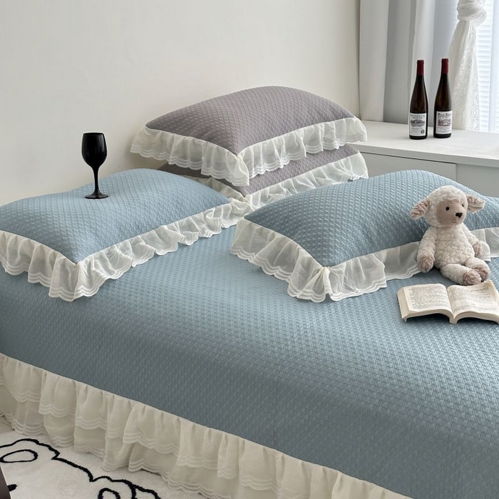 91家纺网 家纺一手货源 找家纺 佰织鑫家居 2025新款A类PE凉感豆复合凉豆豆软凉席三件套 海盐蓝