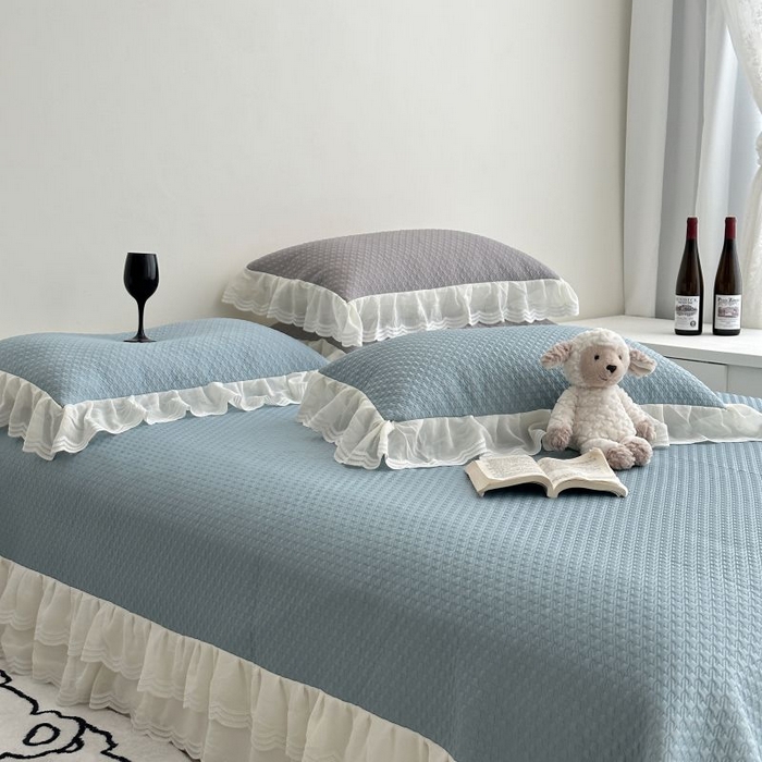 91家纺网 家纺一手货源 找家纺 佰织鑫家居 2025新款A类PE凉感豆复合凉豆豆软凉席三件套 海盐蓝