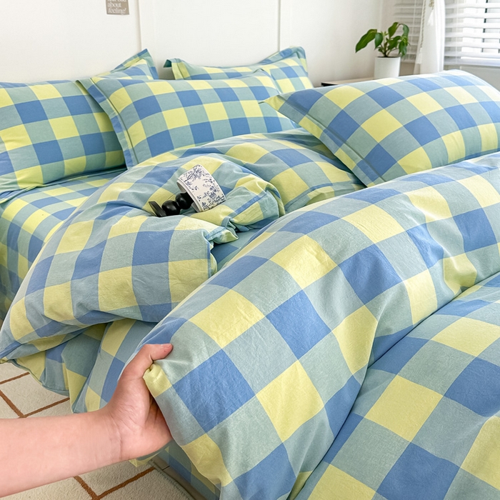 91家纺网 家纺一手货源 找家纺 侯先生家纺 2025新款全棉色织四件套纯棉被套床单四季款格子三件套 蓝黄中格