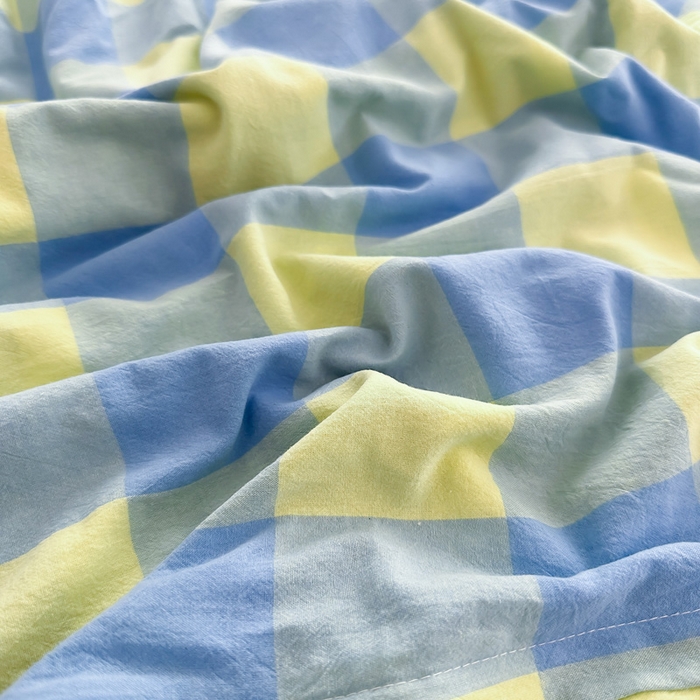 91家纺网 家纺一手货源 找家纺 侯先生家纺 2025新款全棉色织四件套纯棉被套床单四季款格子三件套 蓝黄中格