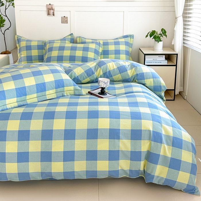 91家纺网 家纺一手货源 找家纺 侯先生家纺 2025新款全棉色织四件套纯棉被套床单四季款格子三件套 蓝黄中格