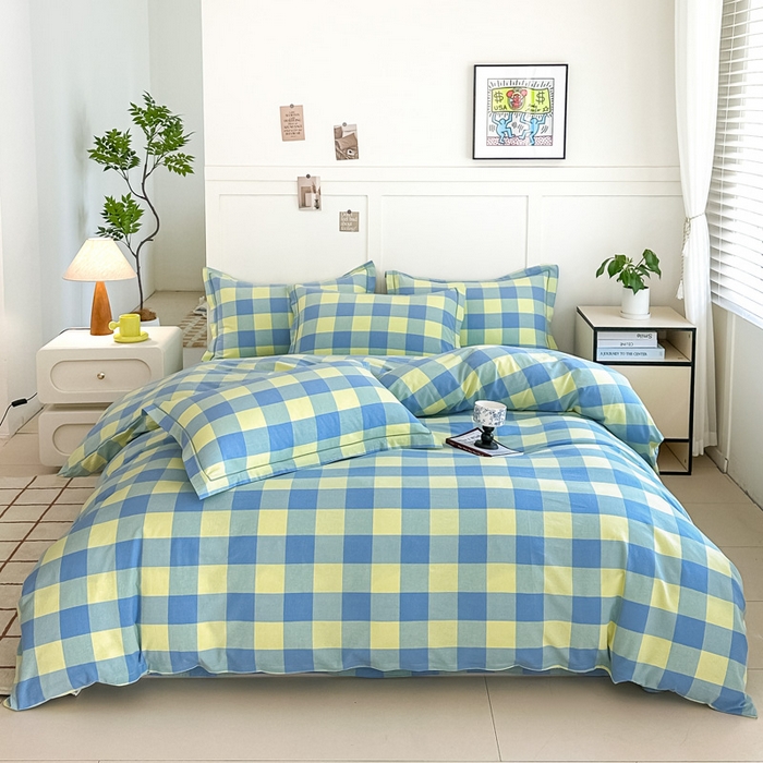 91家纺网 家纺一手货源 找家纺 侯先生家纺 2025新款全棉色织四件套纯棉被套床单四季款格子三件套 蓝黄中格