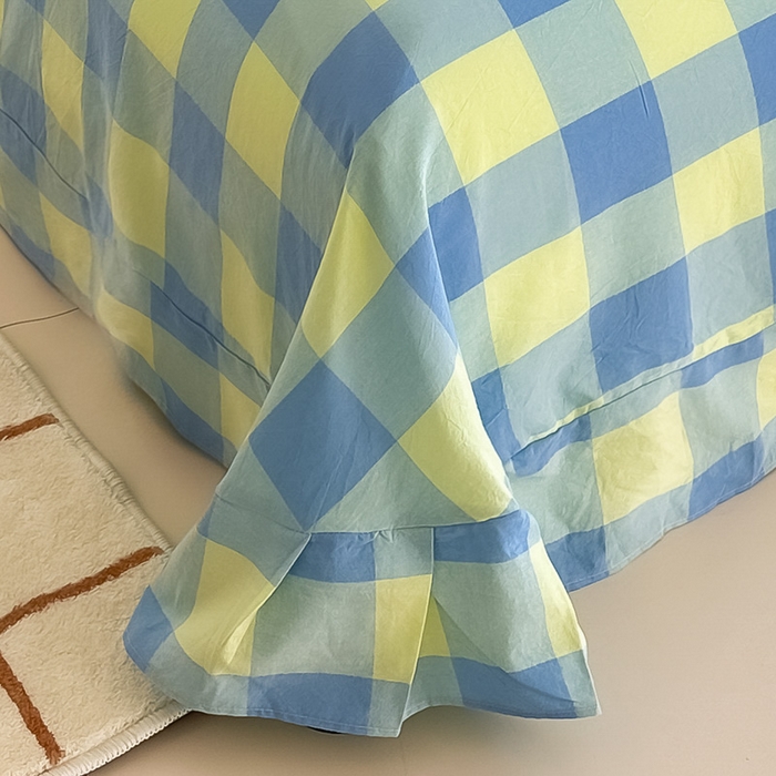 91家纺网 家纺一手货源 找家纺 侯先生家纺 2025新款全棉色织四件套纯棉被套床单四季款格子三件套 蓝黄中格