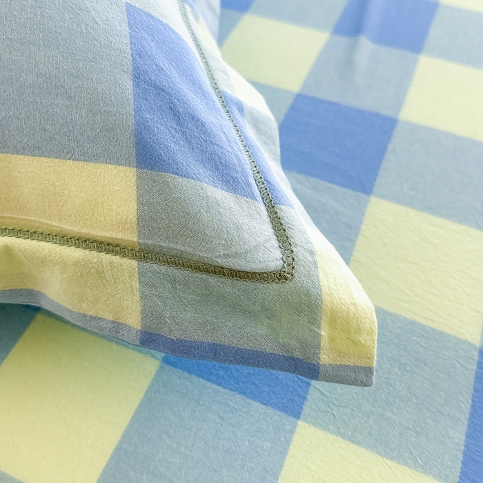 91家纺网 家纺一手货源 找家纺 侯先生家纺 2025新款全棉色织四件套纯棉被套床单四季款格子三件套 蓝黄中格