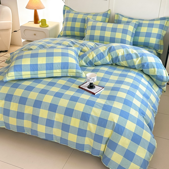 91家纺网 家纺一手货源 找家纺 侯先生家纺 2025新款全棉色织四件套纯棉被套床单四季款格子三件套 蓝黄中格