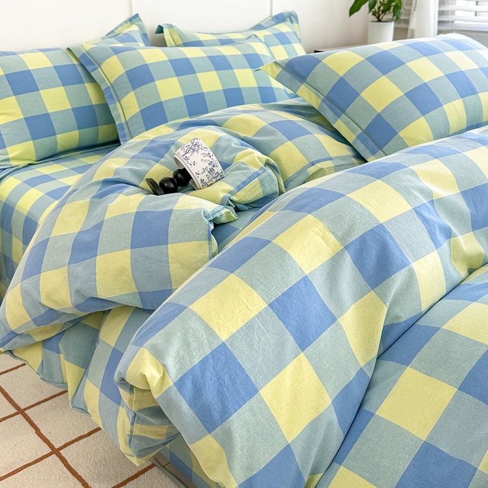 91家纺网 家纺一手货源 找家纺 侯先生家纺 2025新款全棉色织四件套纯棉被套床单四季款格子三件套 蓝黄中格