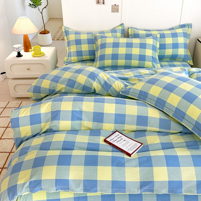 91家纺网 家纺一手货源 找家纺 侯先生家纺 2025新款全棉色织四件套纯棉被套床单四季款格子三件套 蓝黄中格