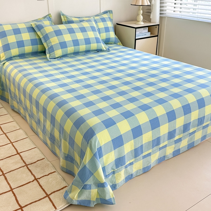 91家纺网 家纺一手货源 找家纺 侯先生家纺 2025新款全棉色织四件套纯棉被套床单四季款格子三件套 蓝黄中格