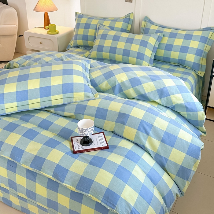 91家纺网 家纺一手货源 找家纺 侯先生家纺 2025新款全棉色织四件套纯棉被套床单四季款格子三件套 蓝黄中格