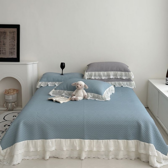 91家纺网 家纺一手货源 找家纺 佰织鑫家居 2025新款A类PE凉感豆复合凉豆豆软凉席三件套 海盐蓝