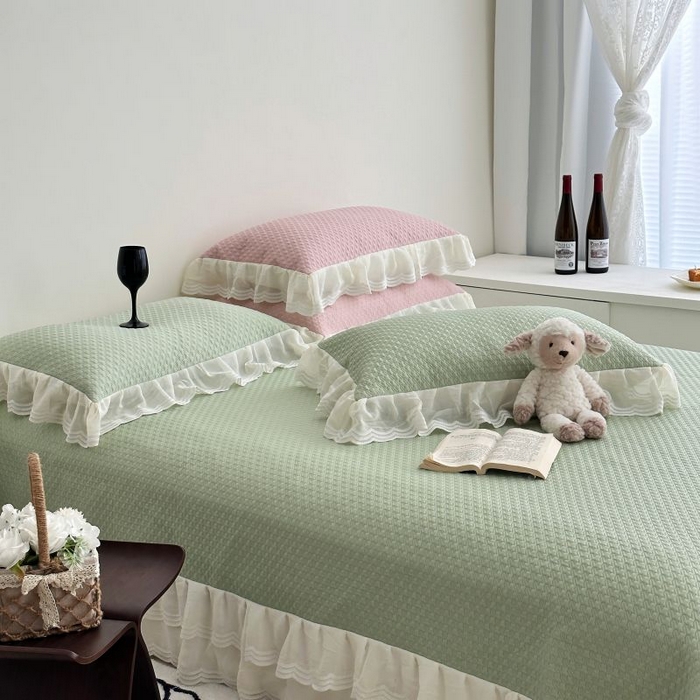 91家纺网 家纺一手货源 找家纺 佰织鑫家居 2025新款A类PE凉感豆复合凉豆豆软凉席三件套 抹茶绿