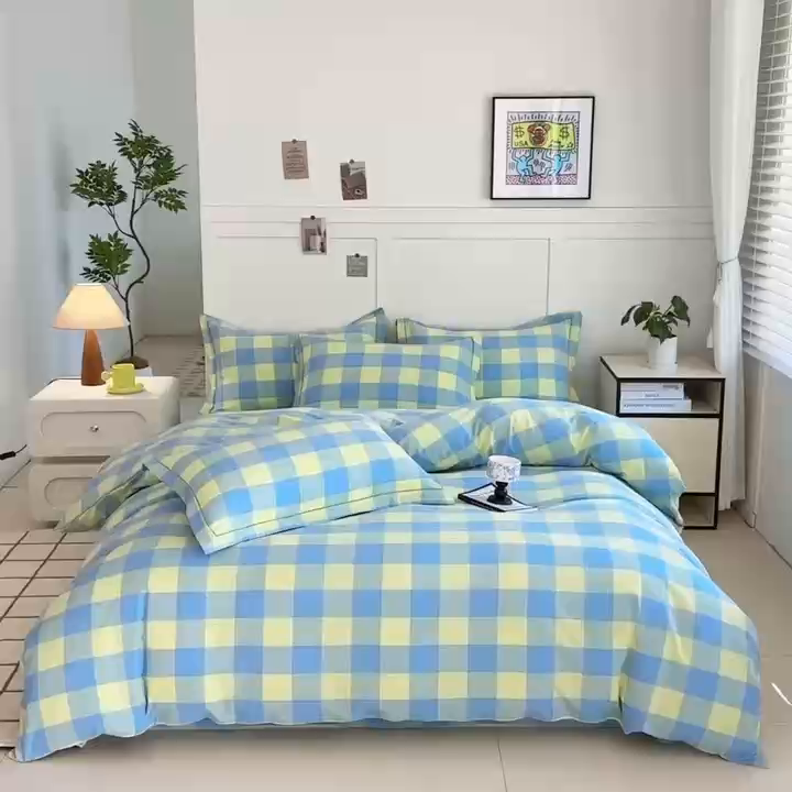 91家纺网 家纺一手货源 找家纺 侯先生家纺 2025新款全棉色织四件套纯棉被套床单四季款格子三件套 蓝黄中格