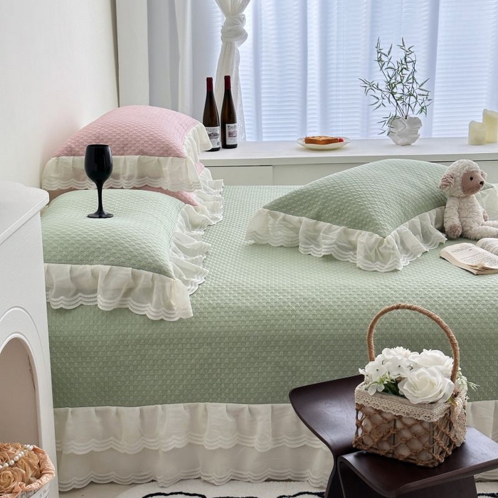 91家纺网 家纺一手货源 找家纺 佰织鑫家居 2025新款A类PE凉感豆复合凉豆豆软凉席三件套 抹茶绿