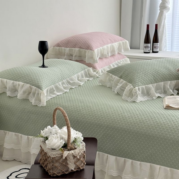 91家纺网 家纺一手货源 找家纺 佰织鑫家居 2025新款A类PE凉感豆复合凉豆豆软凉席三件套 抹茶绿