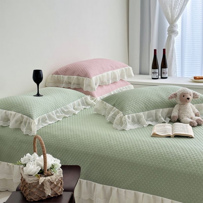 91家纺网 家纺一手货源 找家纺 佰织鑫家居 2025新款A类PE凉感豆复合凉豆豆软凉席三件套 抹茶绿