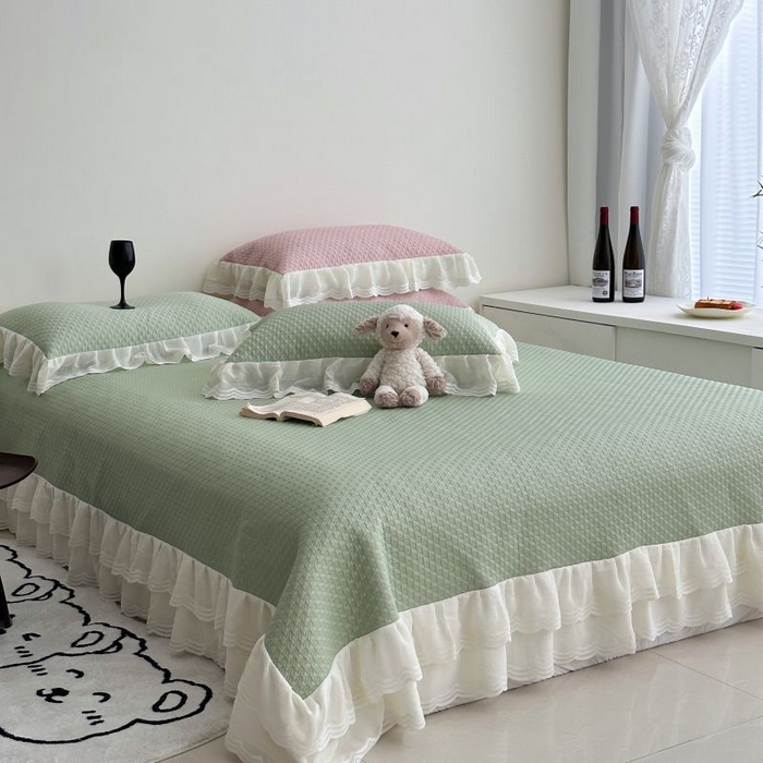 91家纺网 家纺一手货源 找家纺 佰织鑫家居 2025新款A类PE凉感豆复合凉豆豆软凉席三件套 抹茶绿