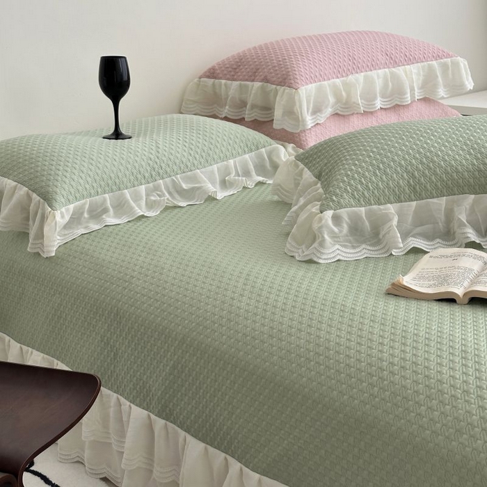 91家纺网 家纺一手货源 找家纺 佰织鑫家居 2025新款A类PE凉感豆复合凉豆豆软凉席三件套 抹茶绿