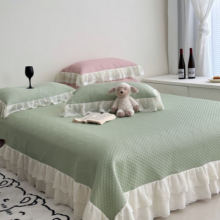 91家纺网 家纺一手货源 找家纺 佰织鑫家居 2025新款A类PE凉感豆复合凉豆豆软凉席三件套 抹茶绿