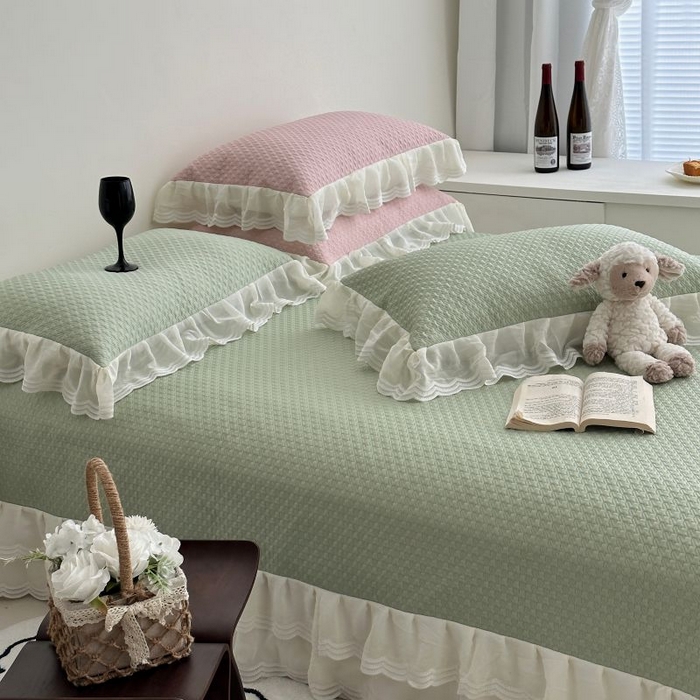 91家纺网 家纺一手货源 找家纺 佰织鑫家居 2025新款A类PE凉感豆复合凉豆豆软凉席三件套 抹茶绿