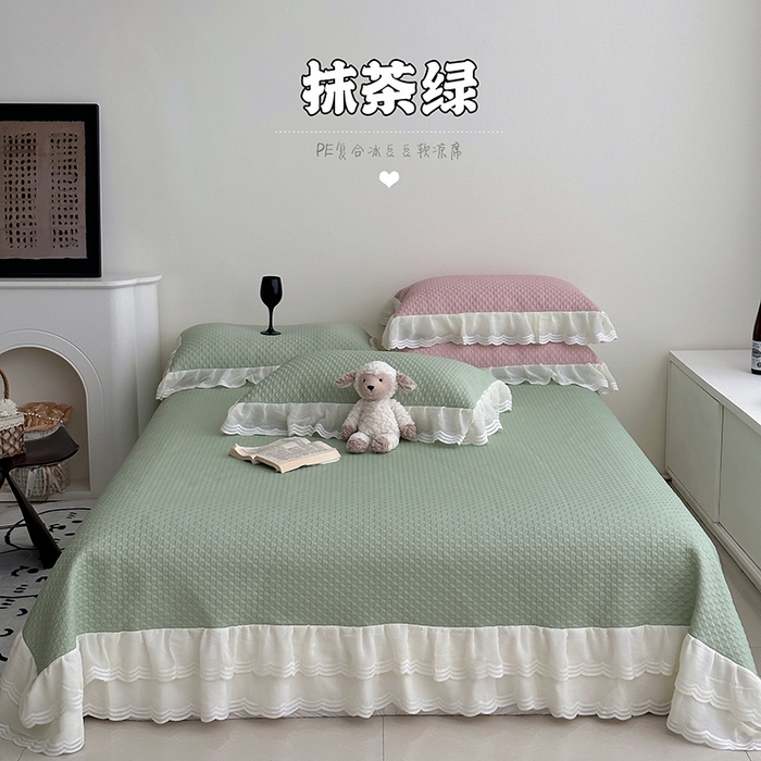 91家纺网 家纺一手货源 找家纺 佰织鑫家居 2025新款A类PE凉感豆复合凉豆豆软凉席三件套 抹茶绿