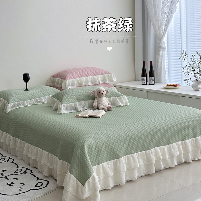 91家纺网 家纺一手货源 找家纺 佰织鑫家居 2025新款A类PE凉感豆复合凉豆豆软凉席三件套 抹茶绿