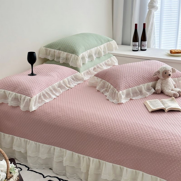 91家纺网 家纺一手货源 找家纺 佰织鑫家居 2025新款A类PE凉感豆复合凉豆豆软凉席三件套 温柔粉